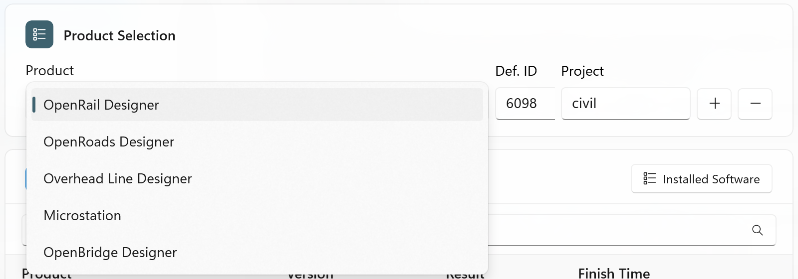 Product Selection card